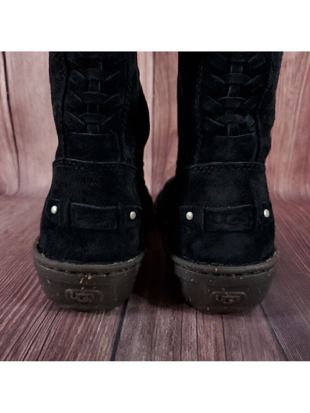 Ugg Karyn Womens Sz 7 Black Suede Leather Mid Calf Cuff Shearling Boots 1005449 - Picture 12 of 16